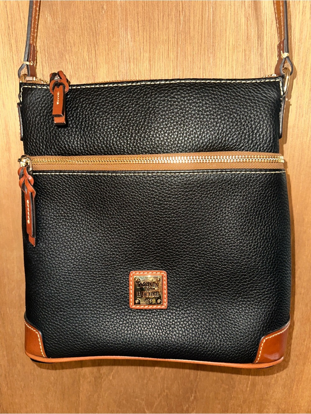 Dooney & Bourke Black Pebbled Leather Crossbody with Tan Accents